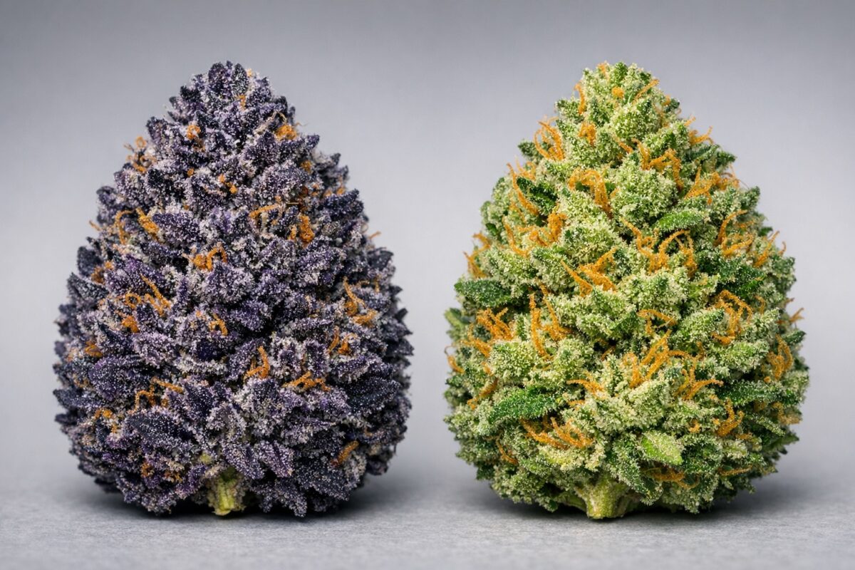 Purple and green cannabis buds side by side for comparison