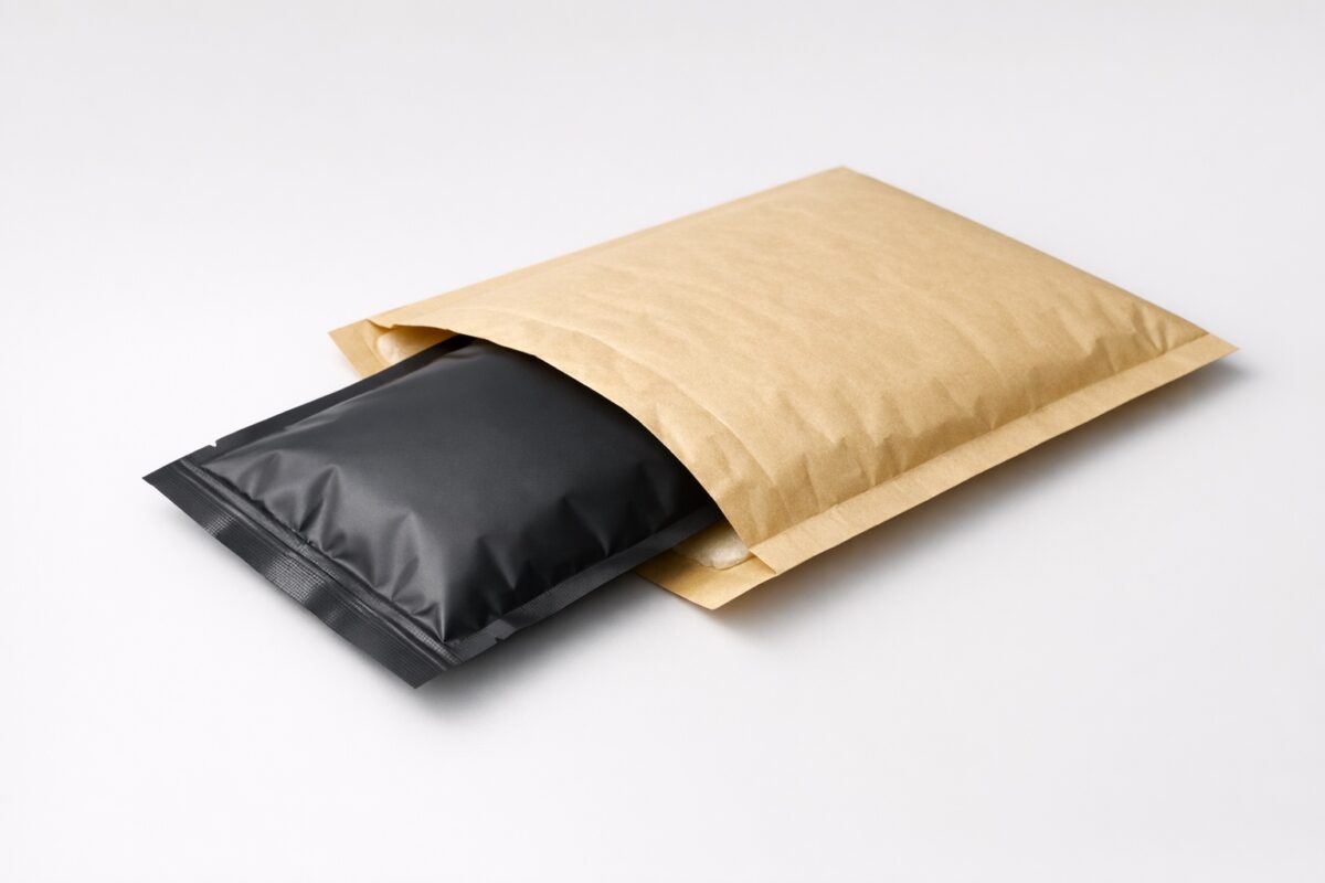 Sealed black vacuum pouch inside a plain padded envelope