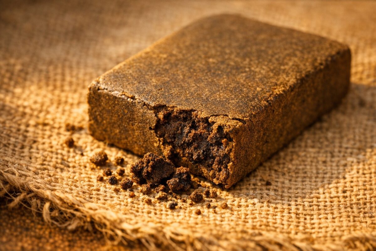 Pressed Moroccan hash block with a crumbled corner on hessian cloth