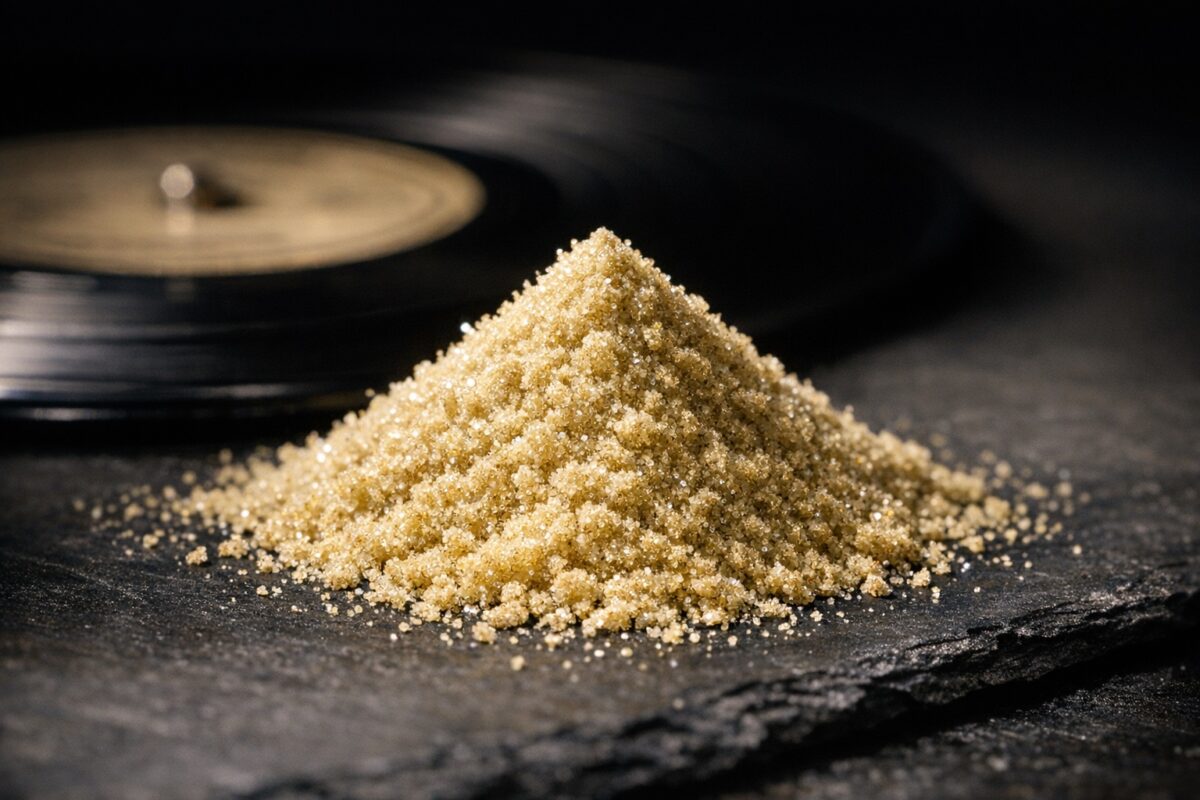 Pale gold static sift hash powder piled on dark slate with a vinyl record behind
